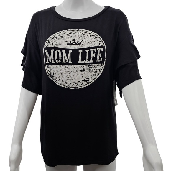 Timing Mom Life Graphic‎ Tee Ruffle Short Sleeve Top Black Women's Small Crew - Picture 1 of 10